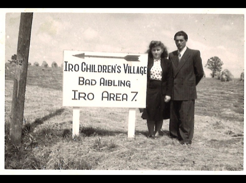Abe and Hilda in the DP camp where they met. photo includes name of the camp